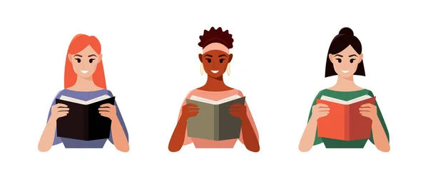 Vrouwen Boeken Laten Lezen Aan Een Bureau Leuke Vector Illustratie — Stockvector