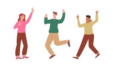 Beyaz arka planda izole edilmiş bir grup mutlu insan. Kollarını kaldırarak atla. Zaferi ya da başarıyı kutlayın. Karakterler olumlu duygular hisseder, neşeli kahkahalar. Çizgi film tarzında Vektör İllüstrasyonu.