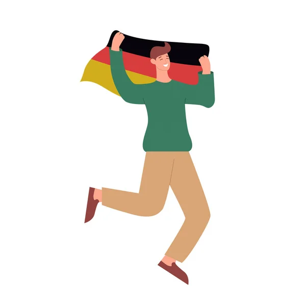 幸せな若い男はドイツの旗を持っている 成功と勝利を祝う サッカーファン 漫画風イラスト — ストックベクタ
