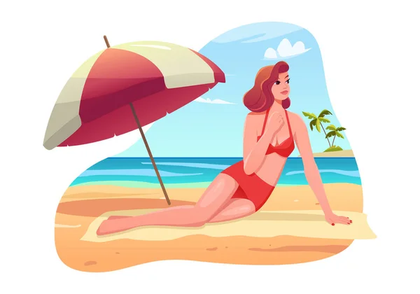 Pin Girl Swimsuit Young Woman Relaxing Beach Vintage Vacation Background — стоковый вектор