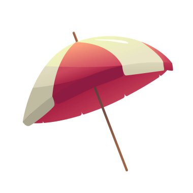 Beyaz arka planda izole edilmiş plaj şemsiyesi. Çizgi film tarzında sevimli vektör illüstrasyonu. Seyahat tatili.