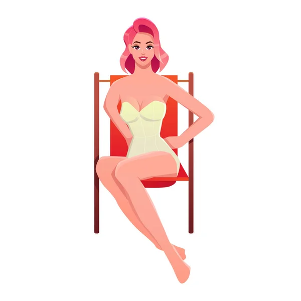 Girl Deck Chair Isolated White Background Female Character Swimsuit Vector — стоковый вектор