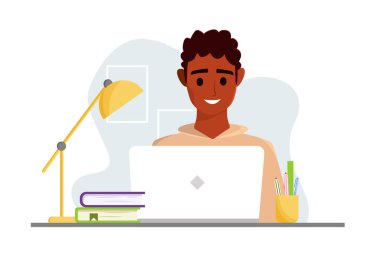 Bilgisayarla çalışan siyah bir adam. Merkez ofis konsepti. Öğrenci ya da serbest çalışan. Erkek karakter. Çizgi film düz biçiminde vektör şirin Illustration.