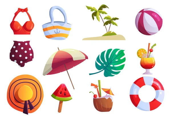 Set Cute Summer Elements Retro Swimsuit Bag Summer Hat Ball — стоковый вектор