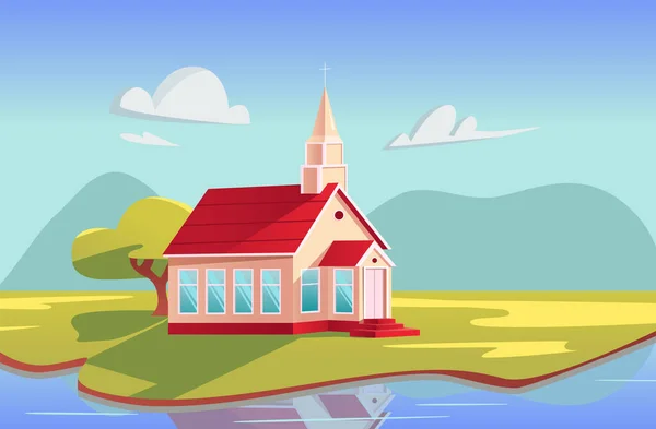 Landscape Church Building Cross Chapel Mountains Lake Vector Cute Illustration — Stock Vector