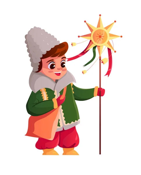 Little Ukrainian Carol Boy Holding Christmas Star Isolated White Background — Stockový vektor