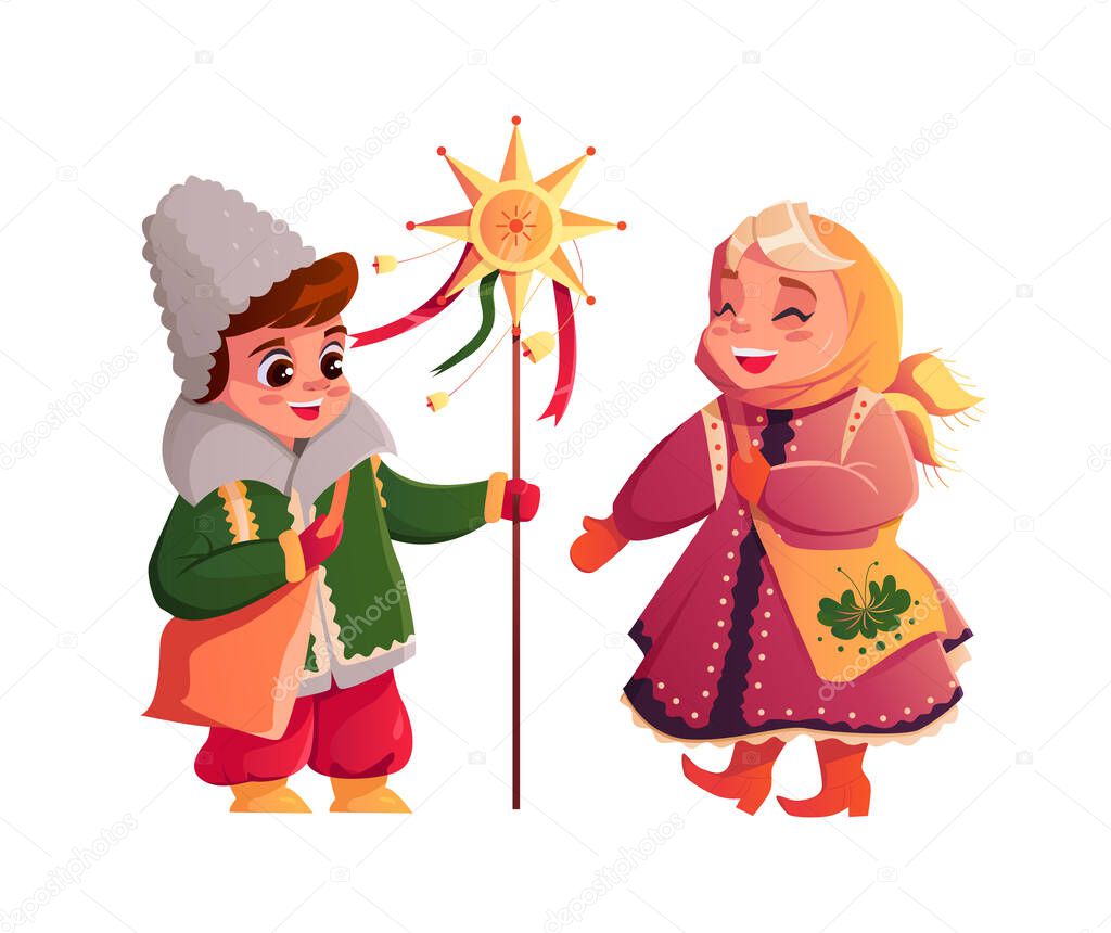 Children in Ukraine singing of Christmas carols isolated on a white background. Ukrainian carolers. Christmas star. Vector cute Illustration in cartoon style.