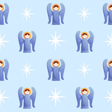 Açık mavi arka planda melekler ve yıldızların olduğu kusursuz bir Noel deseni. Çizgi film tarzında sevimli vektör illüstrasyonu.