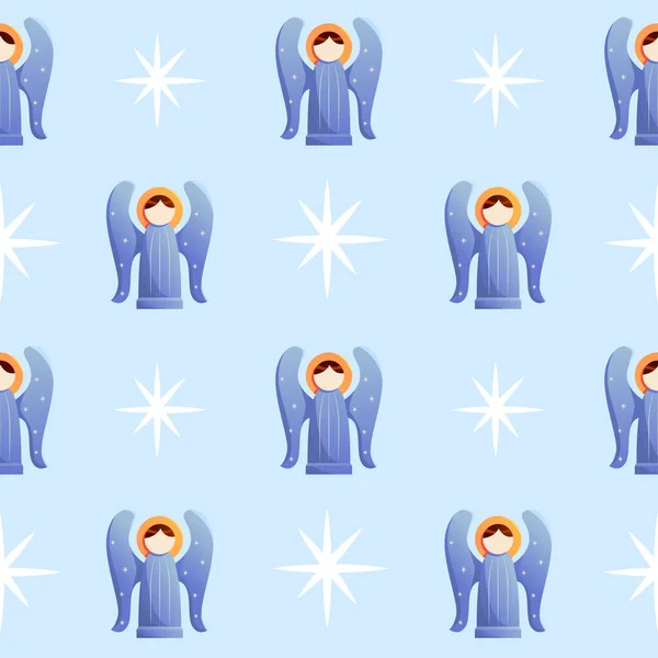 Christmas Seamless Pattern Angels Stars Light Blue Background Vector Cute — Vector de stock