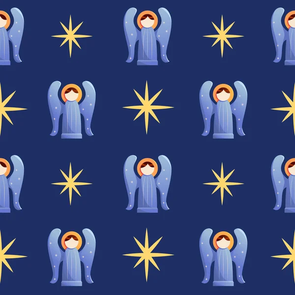 Christmas Seamless Pattern Angels Stars Blue Background Vector Cute Illustration — Vector de stock