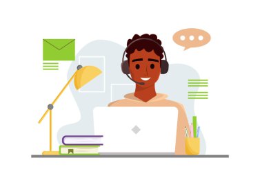 Müşteri hizmetleri. Kulaklıklı siyah bir adam laptopla çalışıyor, ev ofisi, serbest çalışan. Destek. Çizgi film tarzında sevimli vektör illüstrasyonu.