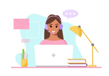 Customer service. Woman with headphones working with laptop, home office, freelancer. Support. Vector cute Illustration in cartoon style.