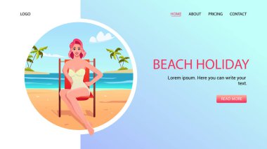 Plajdaki mayolu kadın mavi pastel arka planda izole edilmiş. Web Banner Sahili Tatilleri, Tatil Konsepti, Yaz Tatili. Çizgi film tarzında Şirin Vektör Resimleri.