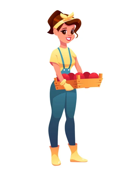 Mujer Agricultora Sostiene Una Caja Madera Con Frutas Verduras Personaje — Vector de stock