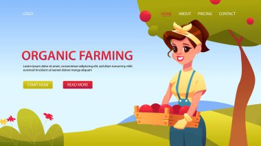 Organik tarım afişi. Kadın çiftçi elinde meyve ve sebzelerle dolu tahta bir kutu tutuyor. Kadın çizgi film karakteri. Hasat Festivali. Yerel çiftçi pazarından taze organik ürünler. Vektör illüstrasyonu.