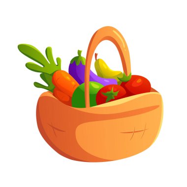 Beyaz arka planda meyve ve sebzeli sepet. Hasat Festivali. Yerel çiftçi pazarından taze organik ürünler. Renkli çizgi film vektör çizimi.