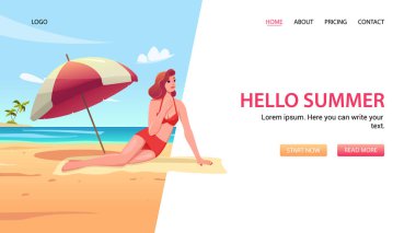 Plajda mayo giymiş güzel bir kadın. Web Afişi Merhaba Sammer, Eğlence Konsepti, Yaz Tatili. Çizgi film tarzında Şirin Vektör Resimleri.