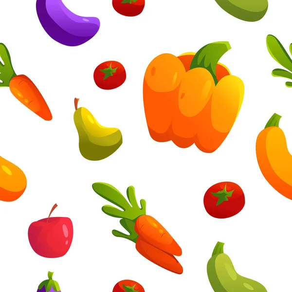 ベクトルシームレスなパターンフルーツと野菜 健康的 ベジタリアンやビーガンフード 漫画風のかわいいイラスト — ストックベクタ