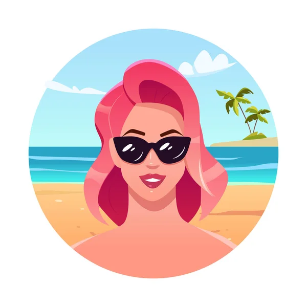 Retrato Una Hermosa Joven Gafas Sol Playa Personaje Dibujos Animados — Vector de stock