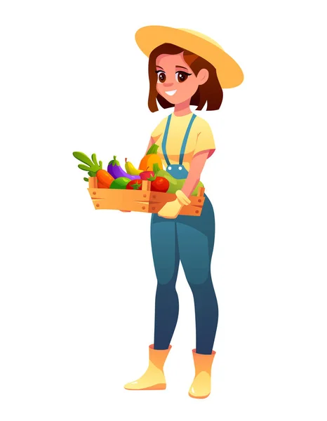 女农手里拿着一个装有水果或蔬菜的木箱 中的女卡通人物农业工作 矢量可爱的说明 — 图库矢量图片