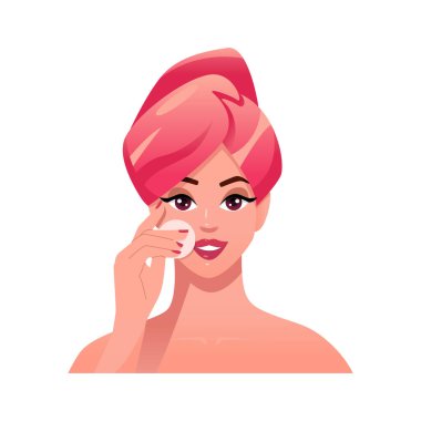 Güzellik ayini sırasında güzel genç bir kadın makyajı kaldırıyor. Evde kişisel bakım. Kadın çizgi film karakteri. Vektör yüz illüstrasyonu.