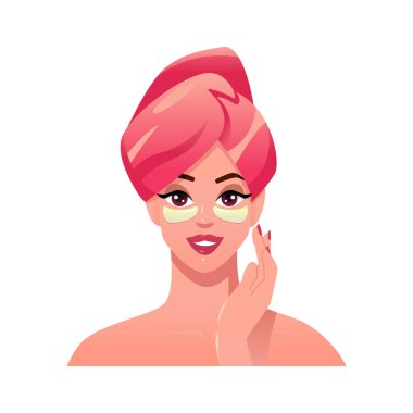 Güzellik ayini sırasında güzel bir genç kadın. Göz altı bandı. Evde kişisel bakım. Kadın çizgi film karakteri. Vektör yüz illüstrasyonu.