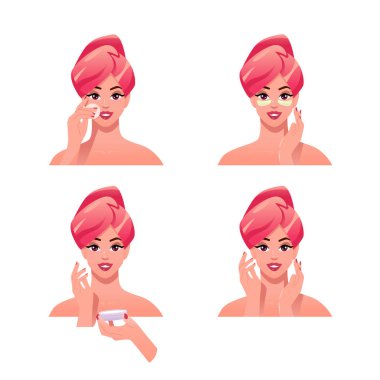 Set Beautiful young woman apply  cream on face. Self care at home. Female cartoon character. Vector face illustration.