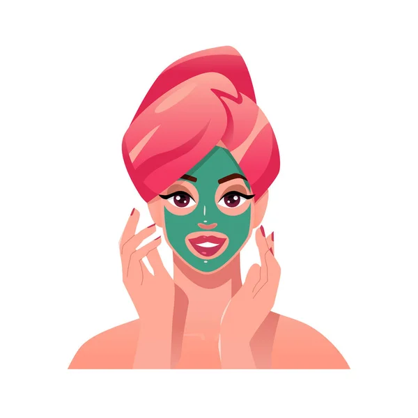 Beautiful Young Woman Beauty Face Mask Self Care Home Female — Vector de stock