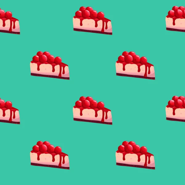 ターコイズの背景にチェリーパイやケーキの作品とベクトルシームレスパターン 甘いパン屋のメニュー テキスタイルデザイン プリント カード ベーカリー お菓子のための印刷 — ストックベクタ