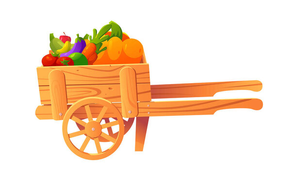 Wooden farm cart with fruits and vegetables isolated on white background. Harvest Festival. Fresh Organic Products from Local Farmers Market. Vector Cute Illustration in cartoon style.