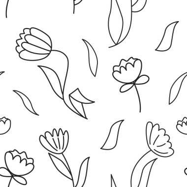 Soyut karalama çiçekleri ve kusursuz vektör desenleri. Siyah beyaz arka plan. Tek renkli basit yazdırma.