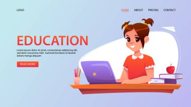 Eğitim web pankartı tasarımı. Küçük liseli kız bilgisayar ve kitaplarla çalışıyor. Okula dönelim. Kadın çizgi film karakteri. Çevrimiçi eğitim kavramı. Vektör Şirin İllüstrasyon.