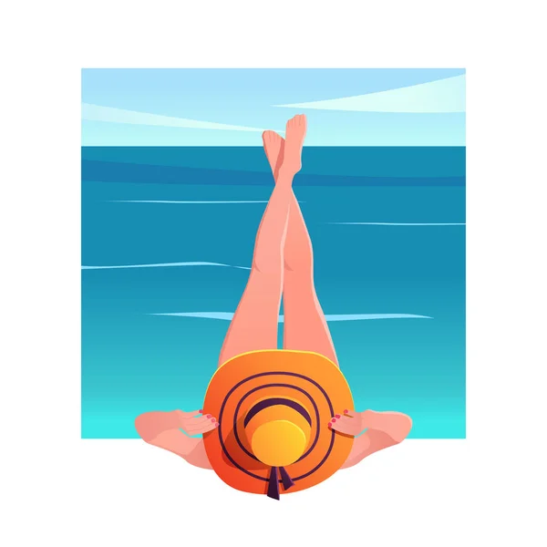 Woman Sunbathing Beach Hat Summer Background — Vetor de Stock