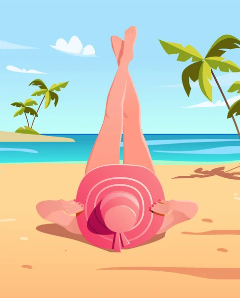 Mujer Bonita Tomando Sol Playa Con Sombrero Fondo Verano Personaje — Vector de stock