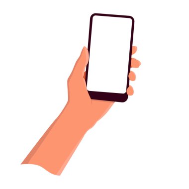 Telefonu beyaz arka planda izole edilmiş bir el. Boş ekran, telefon modeli, dokunmatik ekrandaki uygulama. Vektör illüstrasyonu.