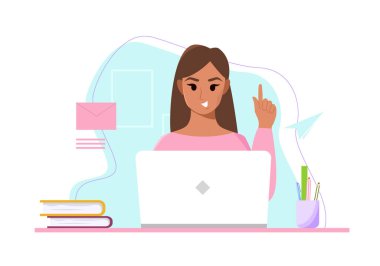 - Anladım. Dizüstü bilgisayarda çalışan genç bir kadın. Zaman ya da proje yönetimi. Kadın çizgi film karakteri. Vektör Şirin İllüstrasyon.