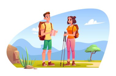 Turistler, gezginler, gezgin erkekler ve kadınlar, yaz gezisi. Harita ve yürüyüş ekipmanları. Ağaçlı, otlu ve dağlı doğa manzarası. Vektör illüstrasyon Çizgi Karakterleri.