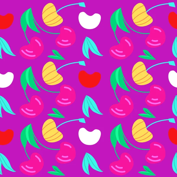 Vector Cherry Seamless Pattern Purple Bright Colorful Summer Background Perfect — Stock vektor