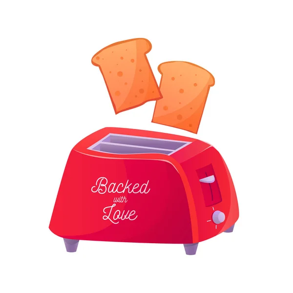 Red Retro Toaster Toasted Bread Isolated White Background Vector Flat — Wektor stockowy