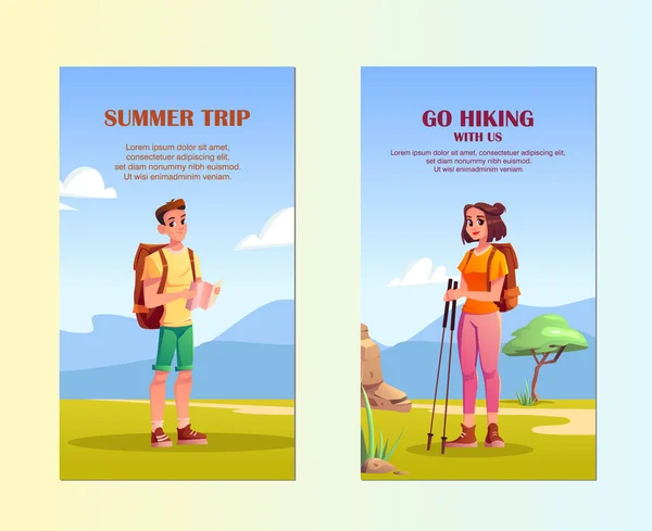 Hiking Cartoon Flyers Summeradventure Traveling Trip Outdoor Activities Vector Posters — 图库矢量图片