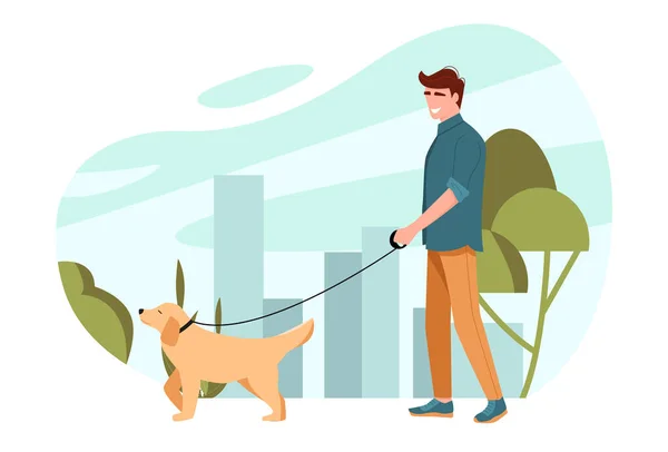 Junger Mann Spaziert Mit Süßem Hund Park Mensch Und Haustier — Stockvektor