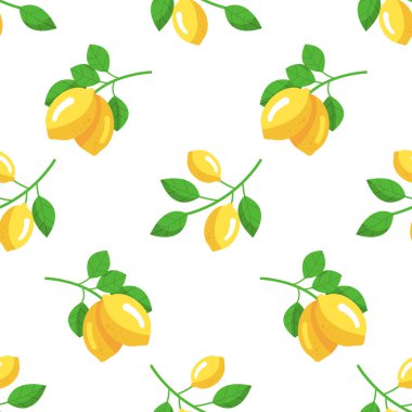 Beyaz üzerinde sarı limon olan tropik, pürüzsüz bir desen. Tekrarlanan meyve arka planı. Kumaş veya duvar kağıdı için parlak yazdırma vektörü.