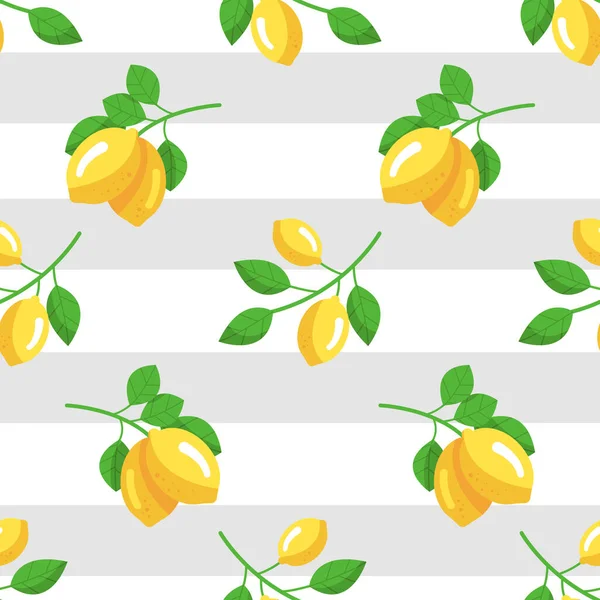 Tropical Seamless Pattern Yellow Lemons Grey Striped Background Vector Bright - Stok Vektor