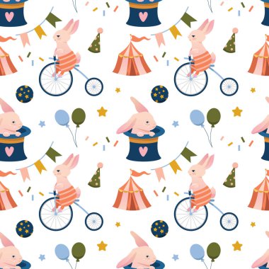 Vector Seamless Pattern with Lovely Circus Animals on a white background. Rabbit in a Magic Hat, a Bunny on a Bicycle, a circus Tent, Balloons, Flags. Cute cartoon characters.
