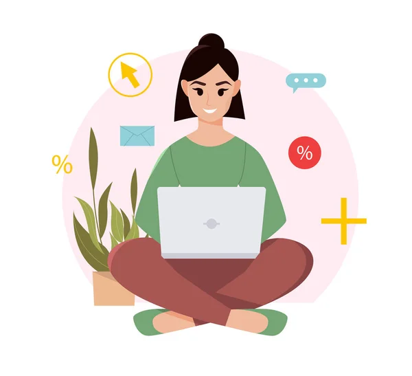 Young Woman Sits Laptop Concept Vector Illustration Flat Style Female — Stock vektor