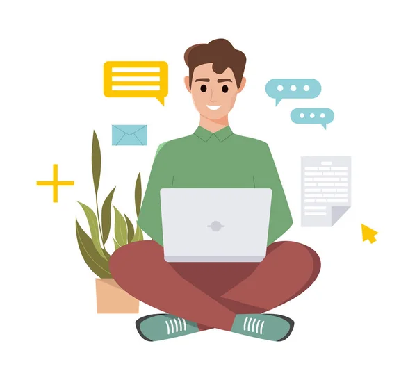 Young Man Laptop Working Freelance Worker Online Remote Work Male — Vector de stock