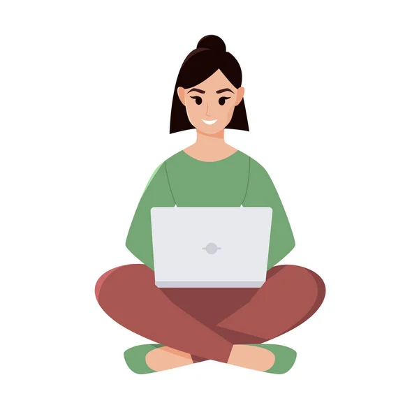Young Woman Sits Laptop Isolated White Concept Vector Illustration Flat — Image vectorielle