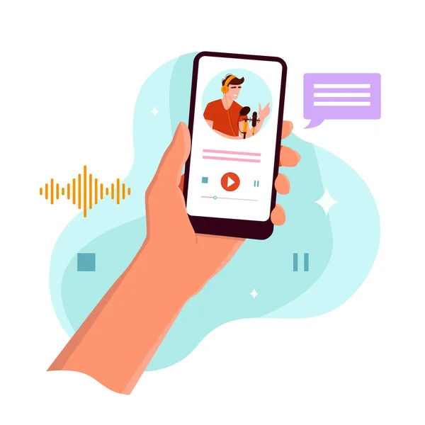Podcast Concept Hand Holding Smartphone Application Listening Podcasts Screen Vector — Stock Vector