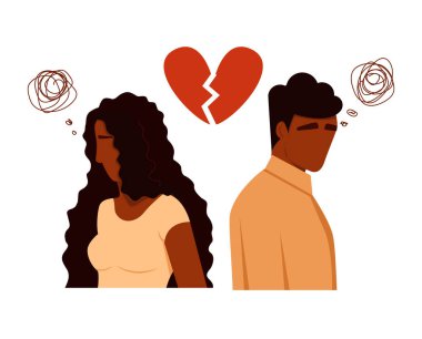 Concept of divorce, misunderstanding in family. Black Man and Woman in a quarrel. Conflicts between husband and wife. Depression and anxiety. Vector cartoon characters illustration.