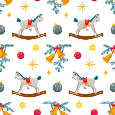 Christmas pattern with childish rocking horses on white background. Christmas bells. Pine branch. Holiday design for Textile, Fabrics, Wrapping paper, Gift boxes.